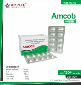 Amcob – Methylcobalamin 750mcg+ Ala 100mg+Thiamine 10mg+ Pyrodoxine 3mg +Folic Acid 1.5 Mg  Tablet | Amplec Healthcare