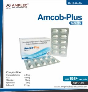 Amcob-Plus – Cyanocobalamin 2.2mcg + Ala 100mg +Thiamine 10mg+ Pyrodoxine 3mg +F.A 1.5 Mg | Amplec Healthcare