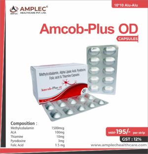 AMCOB PLUS OD - formulated with Methylcobalamin 1500mcg+ ala 100mg+Thiamine 10mg+ pyrodoxine 3mg +f.a 1.5 mgCapsule | Provided by Amplec Healthcare