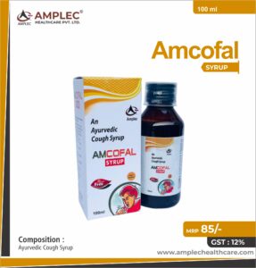 AMCOFAL – Ayurvedic Cough Syrup :- Vassa ( Adhatoda Vasica) 300 mg  + Kantkari ( Solanum Surattense) 300 mg   + Daru Haldi (Berberis Aristata) 150 mg + Tulsi ( ocimum sanctum ) 200 mg + haldi (curcuma longa ) 150 mg  +  Shunthi (Zinger Officinate ) 150 mg + Mulethi ( Glycyrrhiza Glabra ) 300 mg  + Kali Mirch ( Piper Nigrum ) 150 mg +  Pipali (Piper Longum ) 200 mg + Behada (Terminallia Bellirica) 150 mg  | Amplec Healthcare
