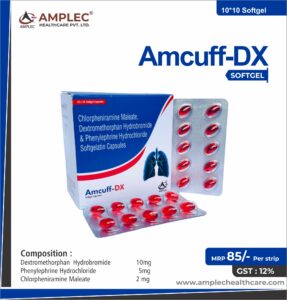 AMCUFF DX – Dextromethorphan  Hydrobromide 10mg + Phenylephrine Hydrochloride 5mg  +   Chlorpheniramine Maleate 2 mg Softgel Capsule  | Amplec Healthcare