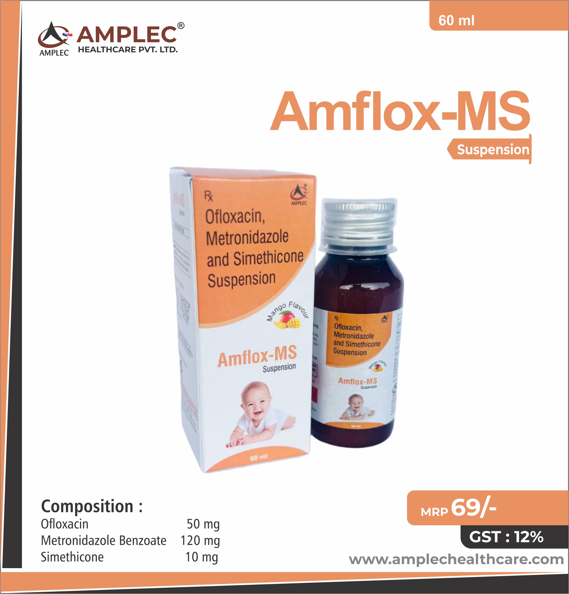 AMFLOX-MS - Ofloxacin 50 mg + Metronidazole Benzoate 120 mg + Simethicone  10 mg Suspension  provided by Amplec Healthcare
