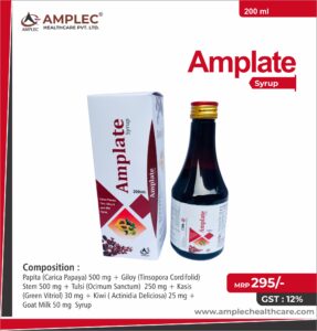 AMPLATE – Papita (Carica Papaya) 500 mg + Giloy (Tinsopora Cordifolid) Stem 500 mg + Tulsi (Ocimum Sanctum)  250 mg + Kasis (Green Vitriol) 30 mg + Kiwi ( Actinidia Deliciosa) 25 mg + Goat Milk 50 mg  | Amplec Healthcare