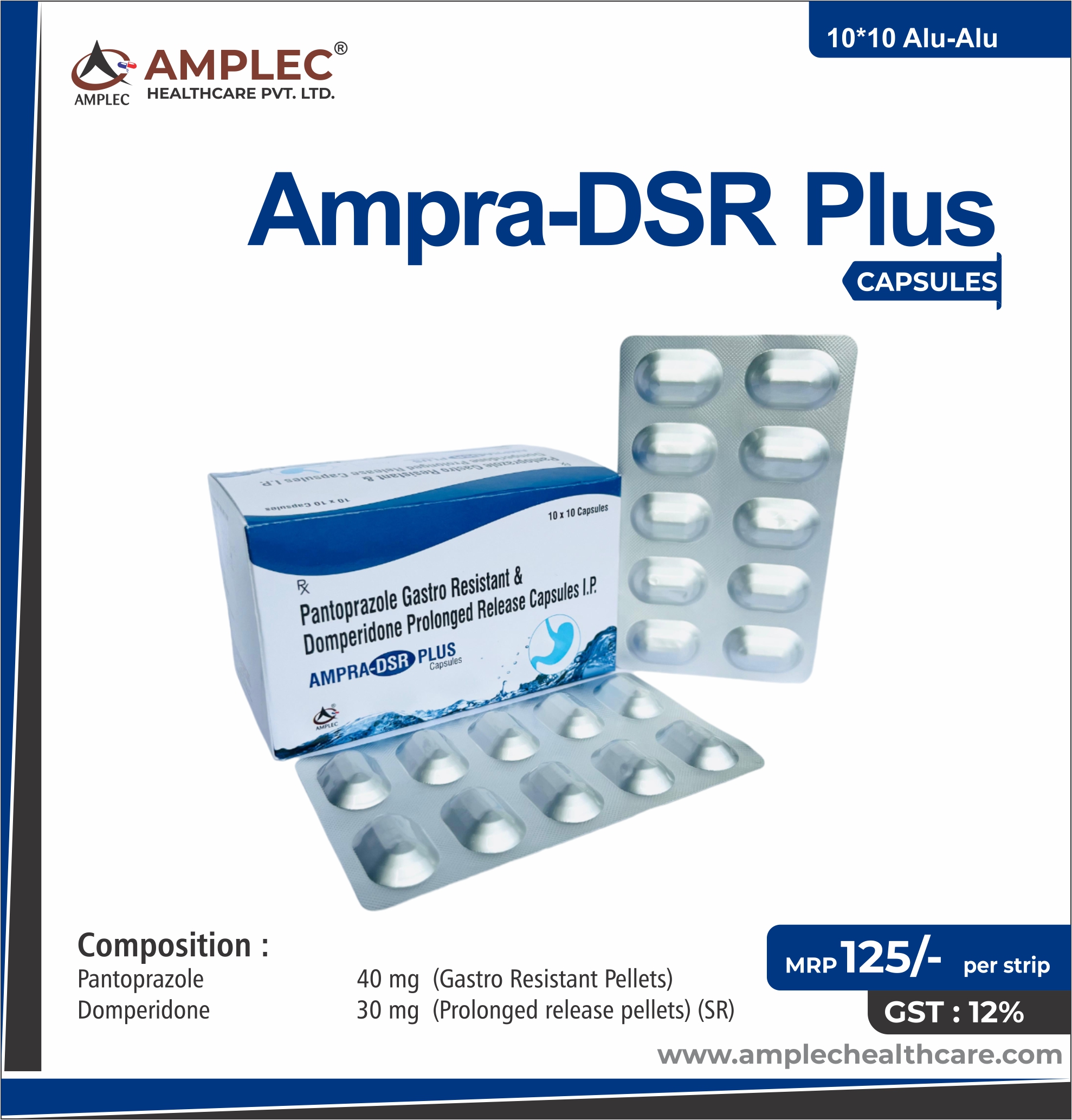 AMPRA-DSR PLUS - Pantoprazole 40 mg  ( Gastro Resistant Pellets) + Domperidone 30 mg  (Prolonged release pellets  (sr)  provided by Amplec Healthcare