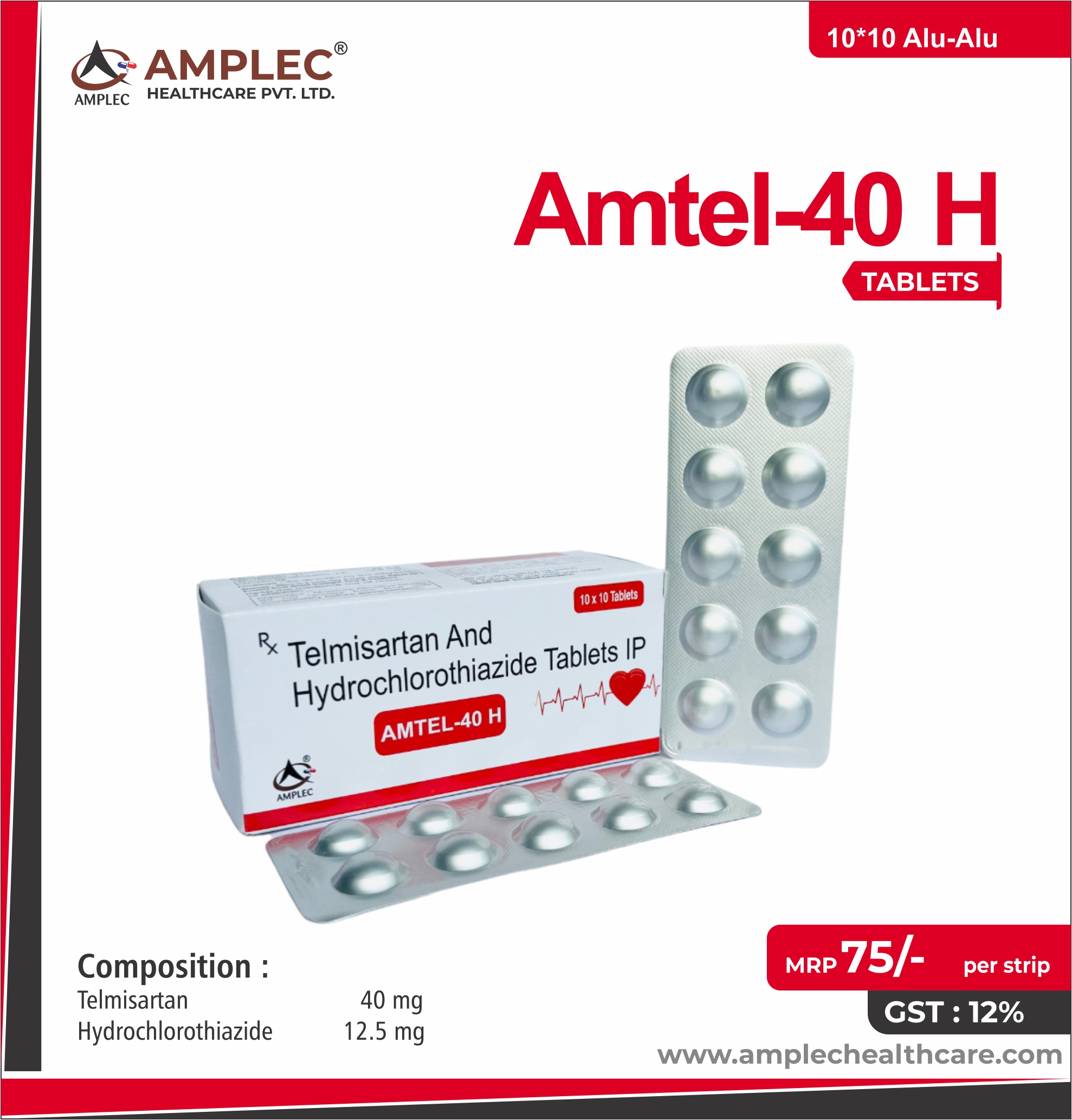 AMTECL-40 H - Telmisartan 40 MG+ Hydrochlorothiazide  12.5 mg Tablet provided by Amplec Healthcare