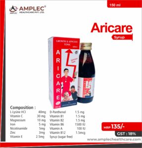 ARICARE – L-Lysine HCI 40mg + Vitamin C 30 mg + Magnesium 10 mg + Iron 5 mg + Nicotinamide  5mg  + Zinc 3mg + Vitamin E 2.5mg + D-Panthenol 1.5 mg + Vitamin B1 1.5 mg + Vitamin B2 1.5 mg + Vitamin B6 1500 IU + Vitamin A 100 IU + Vitamin B12 1.5mcg Syrup (sugar free) | Amplec Healthcare