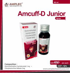 AMCUFF-D PLUS – Dextromethorphan Hydrobromide 10mg  + Phenylephrine 5mg+ Chlorpheniramine Maleate 2mg + Ambroxol 15mg Menthol 1.5mg Syrup | Amplec Healthcare