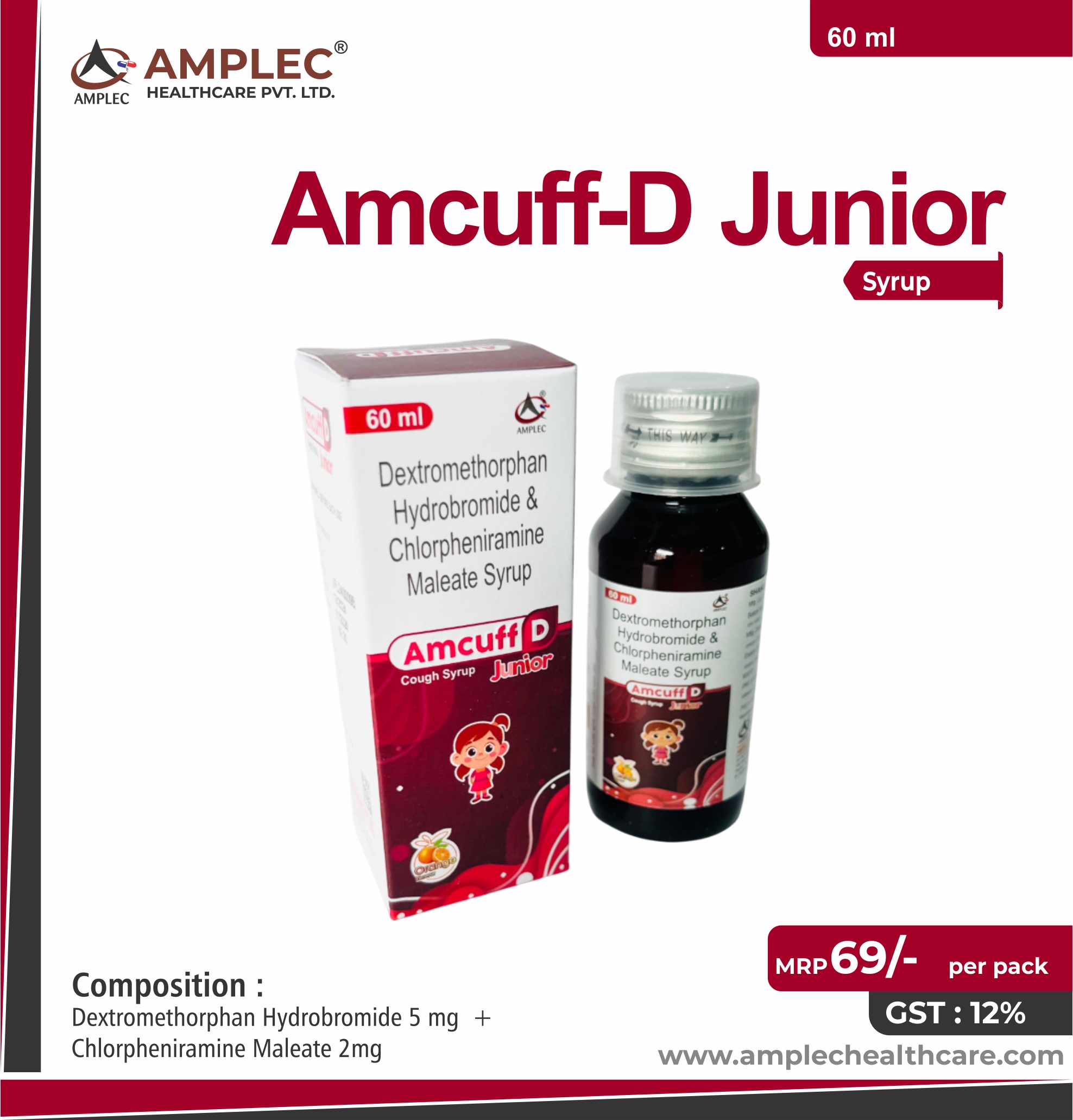 AMCUFF-D PLUS - Dextromethorphan Hydrobromide 10mg  + Phenylephrine 5mg+ Chlorpheniramine Maleate 2mg + Ambroxol 15mg Menthol 1.5mg Syrup provided by Amplec Healthcare