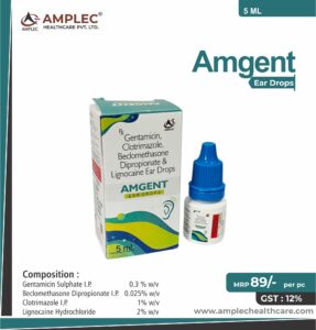 AMGENT – Gentamicin Sulphate I.P. 0.3 % w/v + Beclomethasone Dipropionate I.P. 0.025% w/v+ Clotrimazole I.P.  1% w/v + Lignocaine Hydrochloride 2% w/v Ear Drop | Amplec Healthcare