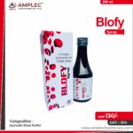BLOFY – Ayurvedic Blood Purifier :- neem (azadirachta indica ) 150 mg + gharad ( terminalia chebula ) 200 mg +daru haldi ( berberis aristata ) 200 mg + bhui amla (phyllanthus niruri ) 100 mg + punernava (boerhavia diffusa ) 200 mg + tulsi ( ocimum sanctum ) 300 mg + manjistha ( rubia cordifolia ) 100 mg + haldi (curcuma longa ) 50 mg + aloevera ( aloe barbadensis ) 150 mg + rohitak ( tecomella undulata ) 100 mg + kachnaar ( bauhinia variegata ) 100 mg + sariva ( hemidesmus indicus ) 150 mg + sanay (cassia angustifolia ) 300 mg + giloy ( tinospora cordifolia ) 50 mg + gulab phool ( rose centifolia ) 50 mg + rakta chandan ( pterocarpus santalinus ) 50 mg + sarpunkha ( tephrosia purpurea ) 150 mg Syrup | Amplec Healthcare