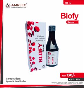 BLOFY – Ayurvedic Blood Purifier :- neem (azadirachta indica ) 150 mg + gharad ( terminalia chebula ) 200 mg +daru haldi ( berberis aristata ) 200 mg + bhui amla (phyllanthus niruri ) 100 mg + punernava (boerhavia diffusa ) 200 mg + tulsi ( ocimum sanctum ) 300 mg + manjistha ( rubia cordifolia ) 100 mg + haldi (curcuma longa ) 50 mg + aloevera ( aloe barbadensis ) 150 mg + rohitak ( tecomella undulata ) 100 mg + kachnaar ( bauhinia variegata ) 100 mg + sariva ( hemidesmus indicus ) 150 mg + sanay (cassia angustifolia ) 300 mg + giloy ( tinospora cordifolia ) 50 mg + gulab phool ( rose centifolia ) 50 mg + rakta chandan ( pterocarpus santalinus ) 50 mg + sarpunkha ( tephrosia purpurea ) 150 mg Syrup | Amplec Healthcare