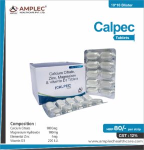 Calrpec – Calcium Citrate U.S.P. 1000mg + Magnesium Hydroxide I.P. 100mg + Zinc Sulphate 4mg + Vitamin D3 I.P. 200 Iu | Amplec Healthcare