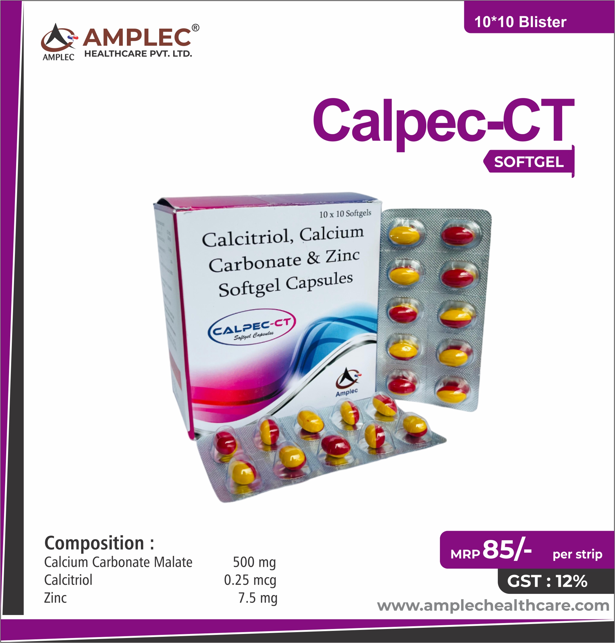 CALRPEC-CT - Calcium Citrate Malate 500 mg + Clacitroil 0.25 mcg + Zinc 7.5 mg Softgel Capsule provided by Amplec Healthcare