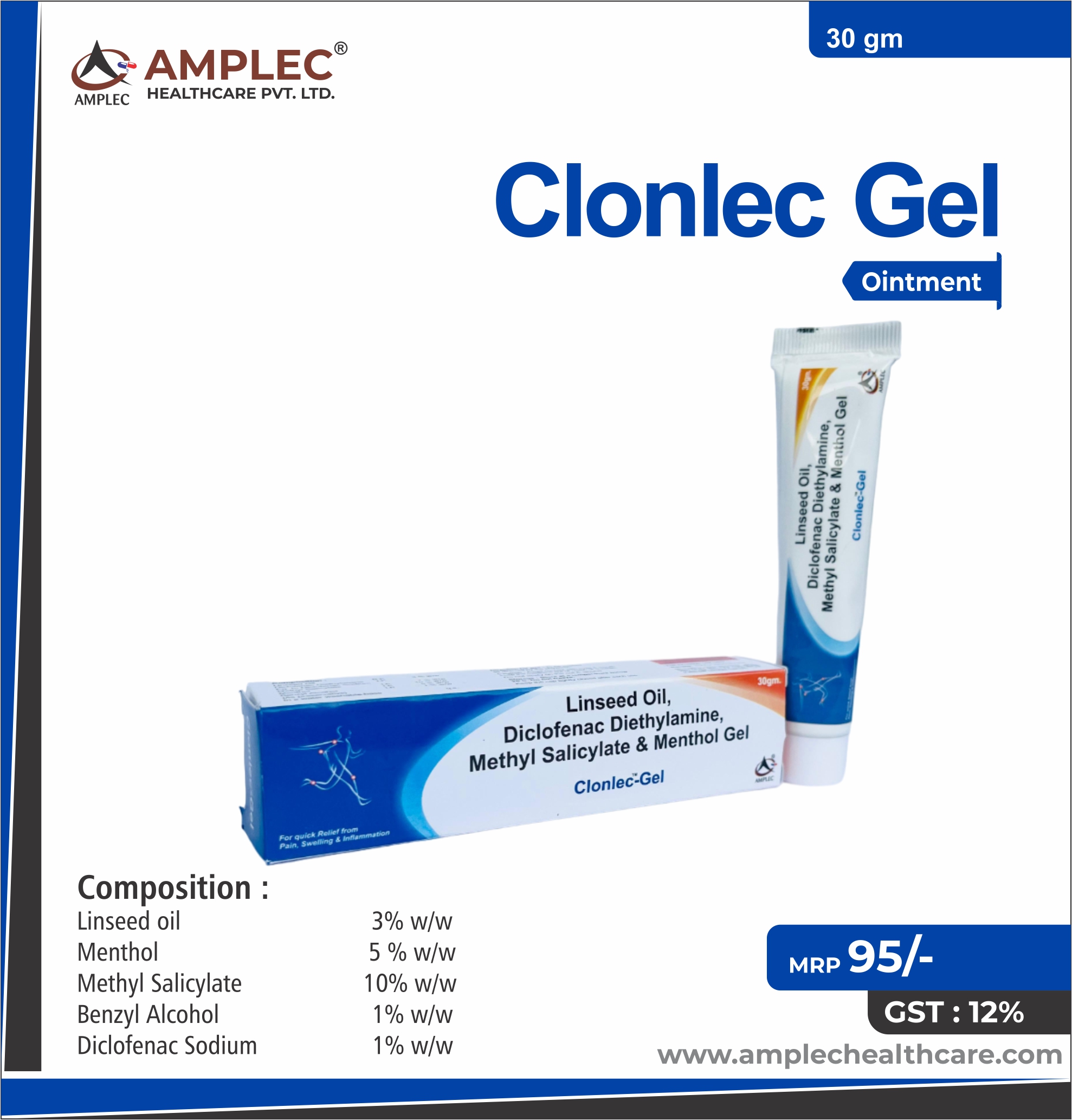 CLONLEC GEL - formulated with Linseed oil 3% w/w+ Menthol 5 % w/w + Methyl Salicylate 10% w/w + Benzyl Alcohol 1% w/w+ Diclofenac Sodium 1% w/w Gel | Provided by Amplec Healthcare