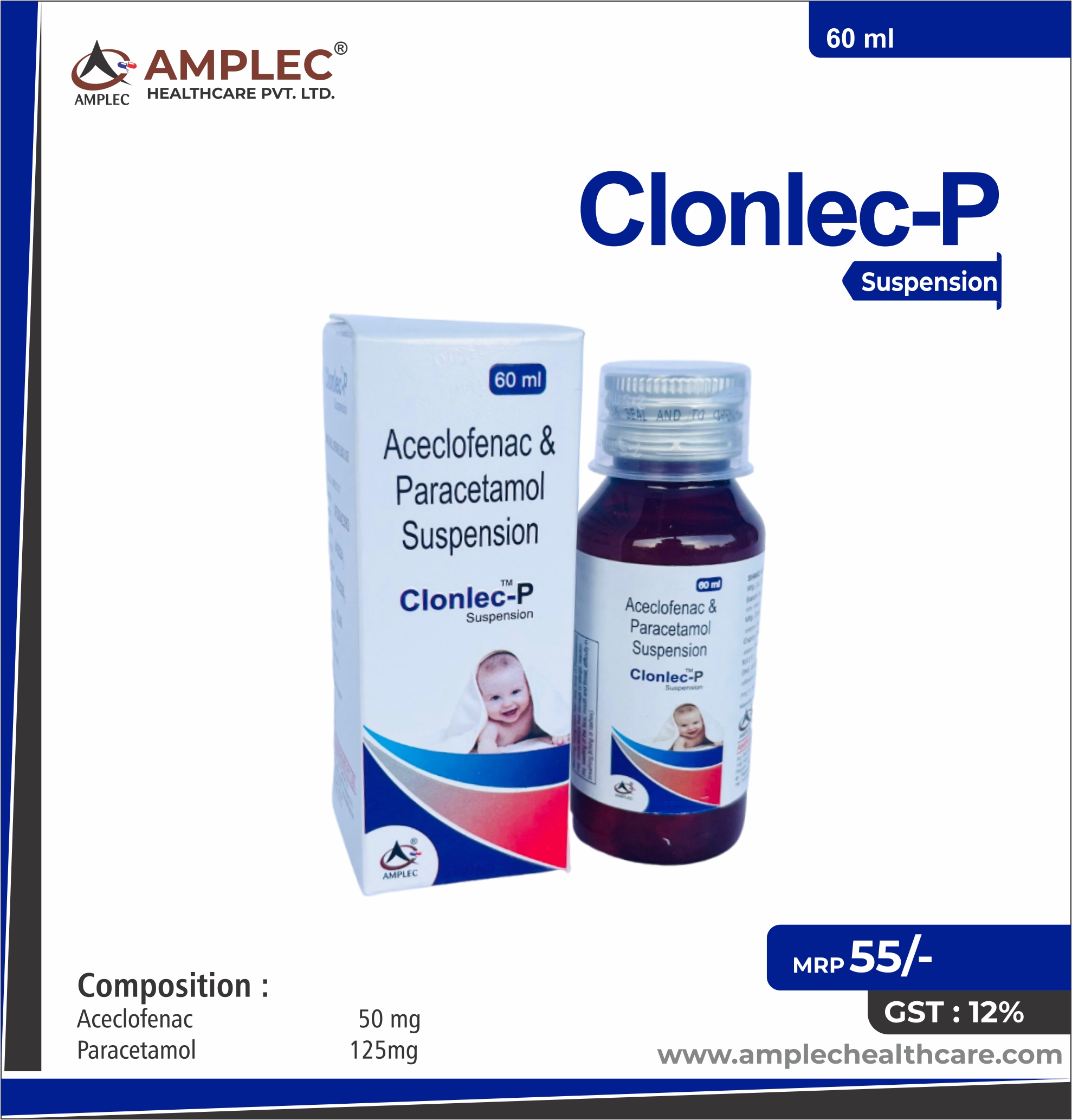 CLONLEC-P - Aceclofenac 50 mg + Paracetamol  125mg Suspension  provided by Amplec Healthcare