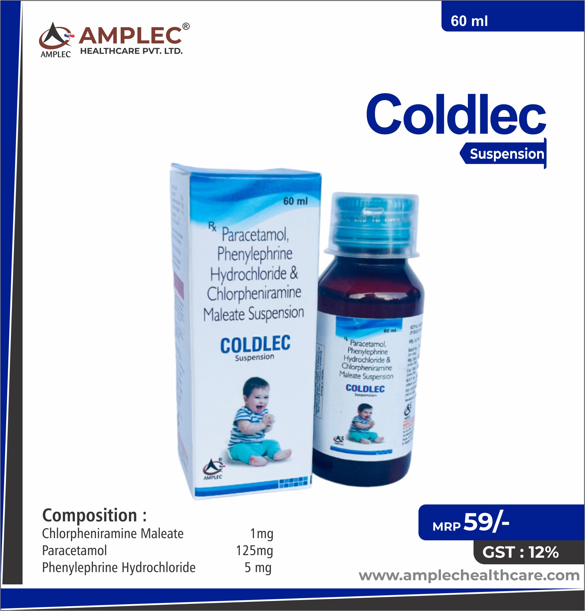COLDLEC - Chlorpheniramine Maleate 1mg + Paracetamol 125mg + Phenylephrine Hydrochloride 5 mg  Suspension  provided by Amplec Healthcare