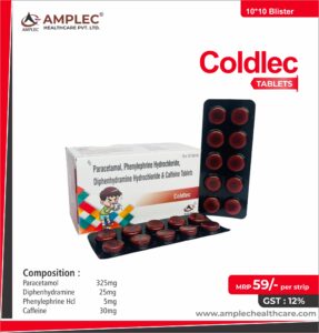 COLDLEC – Paracetamol 325mg + diphenhydramine 25mg + phenylephrine hcl 5mg + caffeine 30mg | Amplec Healthcare