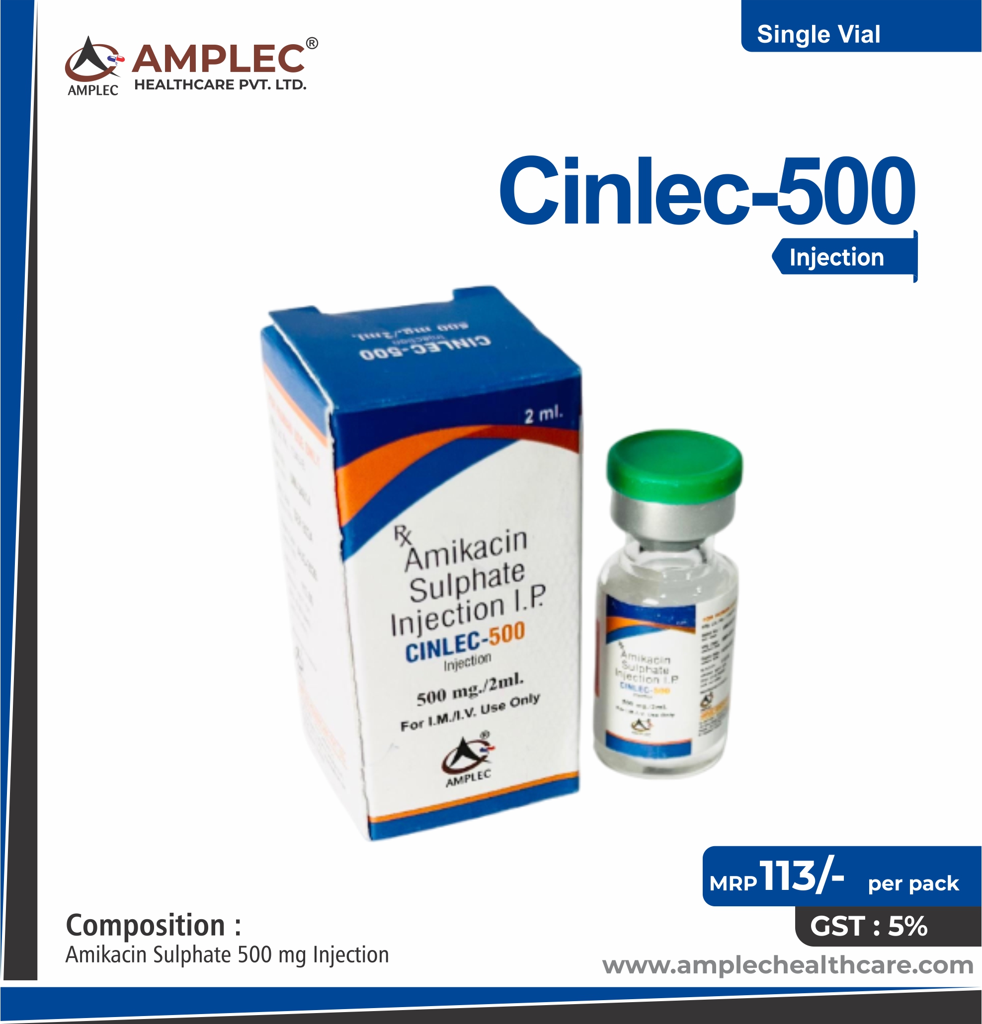 CINLEC-500 - Amikacin Sulphate 500 mg Injection  provided by Amplec Healthcare