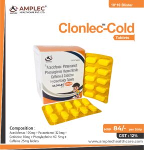 CLONLEC COLD – Aceclofenac 100mg+Paracetamol 325mg+Cetirizine 10mg+Phenylephrine HCl 5mg+Caffeine 25mg Tablets | Amplec Healthcare
