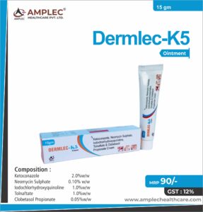 DERMLEC-K5 – Ketoconazole 2.0%w/w + Neomycin Sulphate 0.10% w/w + Iodochlorhydroxyquinoline 1.0%w/w + Tolnaftate 1.0%w/w +Clobetasol Propionate 0.05%w/w Cream  | Amplec Healthcare
