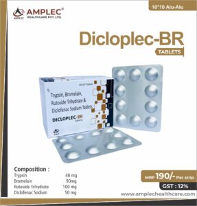 DICLOPLEC BR – Trypsin 48 mg + Bromelain 90mg + Rutoside Trihydrate 100 mg + Diclofenac Sodium  50 mg  | Amplec Healthcare
