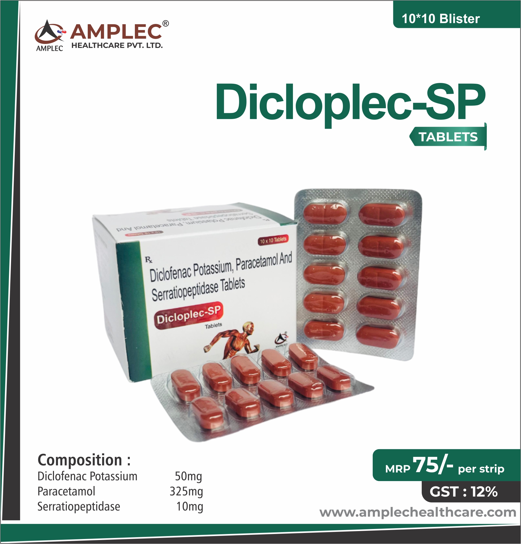 DICLOPLEC SP - Diclofenac 50mg + Paracetamol 325mg + Serratiopeptidase 15mg provided by Amplec Healthcare