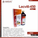 LECVITL 450 – Carbohydrates 1gm + vitamin A (as vitamin A palmitate) 2500 lu + vitamin E acetate 5 lu+ cholecalciferol 200lu + thiamine hydrochloride 1mg + Riboflavin sodium phosphor 1mg + vitamin D3 95 lu + Lycopene 5000mcg + iron chaine citrate 10 mg + inositol 10 mg + niacinamide 15 mg + cyanocobalamin 1 mcg + D - panthenol 2.5 mg + zine 3 mg + lodine 50 mcg + manganese 0.8 mg + molybdenum 8 mcg + selenium 10 mcg + L- Lysine hydrochloride 30 mg  Syrup | Amplec Healthcare