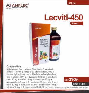 LECVITL 450 – Carbohydrates 1gm + vitamin A (as vitamin A palmitate) 2500 lu + vitamin E acetate 5 lu+ cholecalciferol 200lu + thiamine hydrochloride 1mg + Riboflavin sodium phosphor 1mg + vitamin D3 95 lu + Lycopene 5000mcg + iron chaine citrate 10 mg + inositol 10 mg + niacinamide 15 mg + cyanocobalamin 1 mcg + D - panthenol 2.5 mg + zine 3 mg + lodine 50 mcg + manganese 0.8 mg + molybdenum 8 mcg + selenium 10 mcg + L- Lysine hydrochloride 30 mg  Syrup | Amplec Healthcare