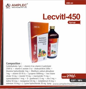 LECVITL 450 - formulated with Carbohydrates 1gm + vitamin A (as vitamin A palmitate) 2500 lu + vitamin E acetate 5 lu+ cholecalciferol 200lu + thiamine hydrochloride 1mg + Riboflavin sodium phosphor 1mg + vitamin D3 95 lu + Lycopene 5000mcg + iron chaine citrate 10 mg + inositol 10 mg + niacinamide 15 mg + cyanocobalamin 1 mcg + D - panthenol 2.5 mg + zine 3 mg + lodine 50 mcg + manganese 0.8 mg + molybdenum 8 mcg + selenium 10 mcg + L- Lysine hydrochloride 30 mg  Syrup | Provided by Amplec Healthcare