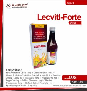 LECVITL-FORTE – Ferric Ammonium Citrate 10mg + Cyanocobalamin 1 mcg + Vitamin A Palitate 2500 IU + Vitamin E Acetate 10 IU + Selenium 35mcg + Zinc 2 mg + Manganese 3 mg + Potassium 10 0mcg + Copper 500 mcg + Calcium Gluconate 2 mg + Thiamine Hydrochloride 2 mg + Riboflavin Sodium Phosphate 3 mg + Pyridoxine Hydrochloride 1.5 mg Syrup | Amplec Healthcare