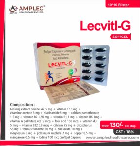 LECVITL-G – Ginseng extract powder 42.5 mg + vitamin c 15 mg + vitamin e acetate 5 mg + niacinamide 5 mg + calcium pantothenate 1.5 mg + vitamin B2 1mg + vitamin B1 1 mg + vitamin B6 1mg + vitamin  A palmitate 461.5 mcg + folic acid 150 mcg + vitamin d3 5 mcg + vitamin B12 0.8 mcg + calcium 75 mg + phosphorus 58 mg + ferrous fumarate 30 mg + zine oxide 10 mg + magnesium 3 mg + potassium sulphate 2 mg + Cooper 0.5 mg + manganese 0.5 mg + lodine 100 mcg (Softgel Capsule)  | Amplec Healthcare