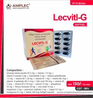 LECVITL-G - formulated with Ginseng extract powder 42.5 mg + vitamin c 15 mg + vitamin e acetate 5 mg + niacinamide 5 mg + calcium pantothenate 1.5 mg + vitamin B2 1mg + vitamin B1 1 mg + vitamin B6 1mg + vitamin  A palmitate 461.5 mcg + folic acid 150 mcg + vitamin d3 5 mcg + vitamin B12 0.8 mcg + calcium 75 mg + phosphorus 58 mg + ferrous fumarate 30 mg + zine oxide 10 mg + magnesium 3 mg + potassium sulphate 2 mg + Cooper 0.5 mg + manganese 0.5 mg + lodine 100 mcg (Softgel Capsule)  | Provided by Amplec Healthcare