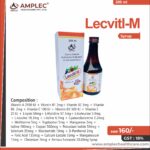 LECVITL-M  SYP – Vitamin A 2500 IU + Vitamin B1 2mg+ Vitamin B2 3mg + Vitamin B6  2mg + Vitamin C 100 IU + Vitamin D3 500 IU + Vitamin E 25 IU + L-Lysin 50mg+ L-Histidine 37.1mg+ L Isoleucine 5.9mg + L-Leucine 18.3mg + L-Valine 6.7mg + Cyanocobalamine 2.2mcg + Methionine 5mg + Tryptophan 5mg + Manganese 2mg + Iodine 100mcg + Copper 500mg + Potassium Iodide 50mcg + Selenium 35mcg + Niacinamide 10mg + D-Panthenol 2mg  + Folic Acid 135mcg + Calcium Lactate 55mg + Manganesium 15mg +  Chromium 7mcg + Ferrous Fumarate 20.60mg Syrup | Amplec Healthcare