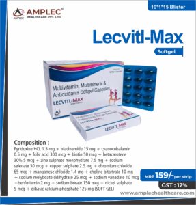 LECVITL-MAX – Pyridoxine HCL 1.5 mg + niacinamide 15 mg + cyanocobalamin 0.5 mg + folic acid 300 mcg + biotin 50 mcg + betacarotene 30% 5 mcg + zine sulphate monohydrate 7.5 mg + sodium selenate 30 mcg + copper sulphate 2.5 mg + chromium chloride 65 mcg + manganese chloride 1.4 mg + choline bitartrate 10 mg + sodium molybdate ddihydrate 25 mcg + sodium vanadate 10 mcg +benfotiamin 2 mg + sodium borate 150 mcg + nickel sulphate 5 mcg + dibasic calcium phosphate 125 mg (SOFT GEL) | Amplec Healthcare