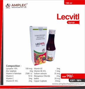 LECVITL SYP – Lycopene 6 % 1000 mcg + Niacinamide 15mg + Folic Acid 100 mcg +  Zinc Suplate 3mg + Vitamin B12 1mcg + Vitamin B6 HCL 1.5mg  + Sodium selenate 25 mcg +  Iodine 55 mcg + Copper Sulphate 500 mcg  Syrup (Sugar Free) | Amplec Healthcare