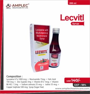 LECVITL SYP – Lycopene 10% 100 mcg + Zinc Suplate 3mg + Vitamin A Palmitate 2500 I.U. + Vitamin E 10 IU + Vitamin C 5mg + Vitamin B1 HCL 2mg + Vitamin B2 3mg + Vitamin B6 HCL 1.5mg Sodium selenate 35 mcg + Manganese Chloride 2mg + Iodine 20 mcg + Copper Sulphate 25mcg  Syrup | Amplec Healthcare