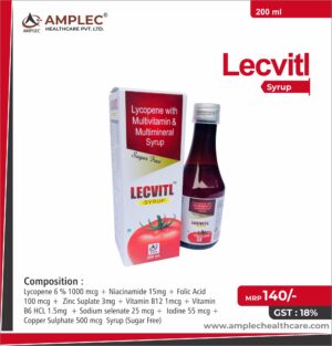 LECVITL SYP - formulated with Lycopene 10% 100 mcg + Zinc Suplate 3mg + Vitamin A Palmitate 2500 I.U. + Vitamin E 10 IU + Vitamin C 5mg + Vitamin B1 HCL 2mg + Vitamin B2 3mg + Vitamin B6 HCL 1.5mg Sodium selenate 35 mcg + Manganese Chloride 2mg + Iodine 20 mcg + Copper Sulphate 25mcg  Syrup | Provided by Amplec Healthcare