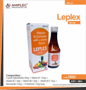 LEPLEX – L-Lysine Hydrochloride 300mg + Vitamin B1 1.5mg + Vitamin B2 1.4mg + Vitamin B6 1.3mg +  Vitamin B12 1mcg + Niacinamide 15mcg + D-Panthenol 1.5mg Syrup | Amplec Healthcare