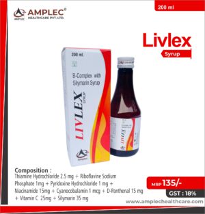 LIVLEX - formulated with Thiamine Hydrochloride 2.5 mg + Riboflavine Sodium Phosphate 1mg + Pyridoxine Hydrochloride 1 mg + Niacinamide 15mg + Cynocobalamin 1 mcg + D-Panthenal 15 mg + Vitamin C  25mg + Silymarin 35 mg  | Provided by Amplec Healthcare