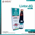 LIVTOR 4G – Liver, Alkalizer, Enzyme & Antacid Syrup :- Kutki ( picrorhiza kurroa) 50 mg + punarnava ( boerhavia diffusa) 50 mg + papita ( carica papaya) 50 mg sounf (foeniculum vulgare) 50 mg + kachura ( curcuma zedoaria) 50 mg + gokhru ( tribulus terrestris) 50 mg + harar ( terminalia chebula) 50 mg + bhringraj ( eclipta alba) 50 mg + kalmegh ( andrographis paniculata) 50 mg + makoy ( solanum nigrum) 50 mg + kasni ( cihorium intybus) 50 mg + bhuamlaki ( phyllantus niruri) 50 mg + guduchi ( tinospora cordifolia) 50 mg + Sarphonka ( tephrosia purpurea) 50 mg + vidang ( embelia ribes) 30 mg + peppermint ( mentha Piperita) 30 mg + krishan jirak ( carum carvi) 30 mg + parpat ( fumaria vaillantii) 30 mg + mulethi ( glycyrrhiza glabra) 30 mg + patolpatra ( trichosanthus dioica) 30 mg + baheda ( terminala bellirica) 30 mg + daruhaldi ( berberis aristata) 30 mg + tulsi ( ocimum sanctum) 30 mg + amla ( emblica officinalis) 20 mg + pudina ( mentha Piperita) 20 mg + apamarg kshar ( achyranthes aspera) 20 mg | Amplec Healthcare