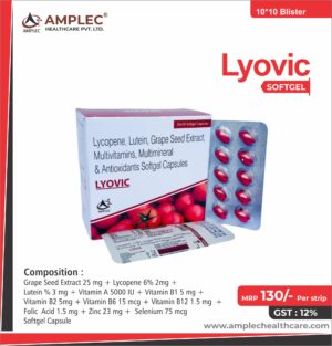 LYOVIC - formulated with Grape Seed Extract 25 mg + Lycopene 6% 2mg + Lutein % 3 mg + Vitamin A 5000 IU + Vitamin B1 5 mg + Vitamin B2 5mg + Vitamin B6 15 mcg + Vitamin B12 1.5 mg  + Folic  Acid 1.5 mg + Zinc 23 mg +  Selenium 75 mcg  Softgel Capsule | Provided by Amplec Healthcare