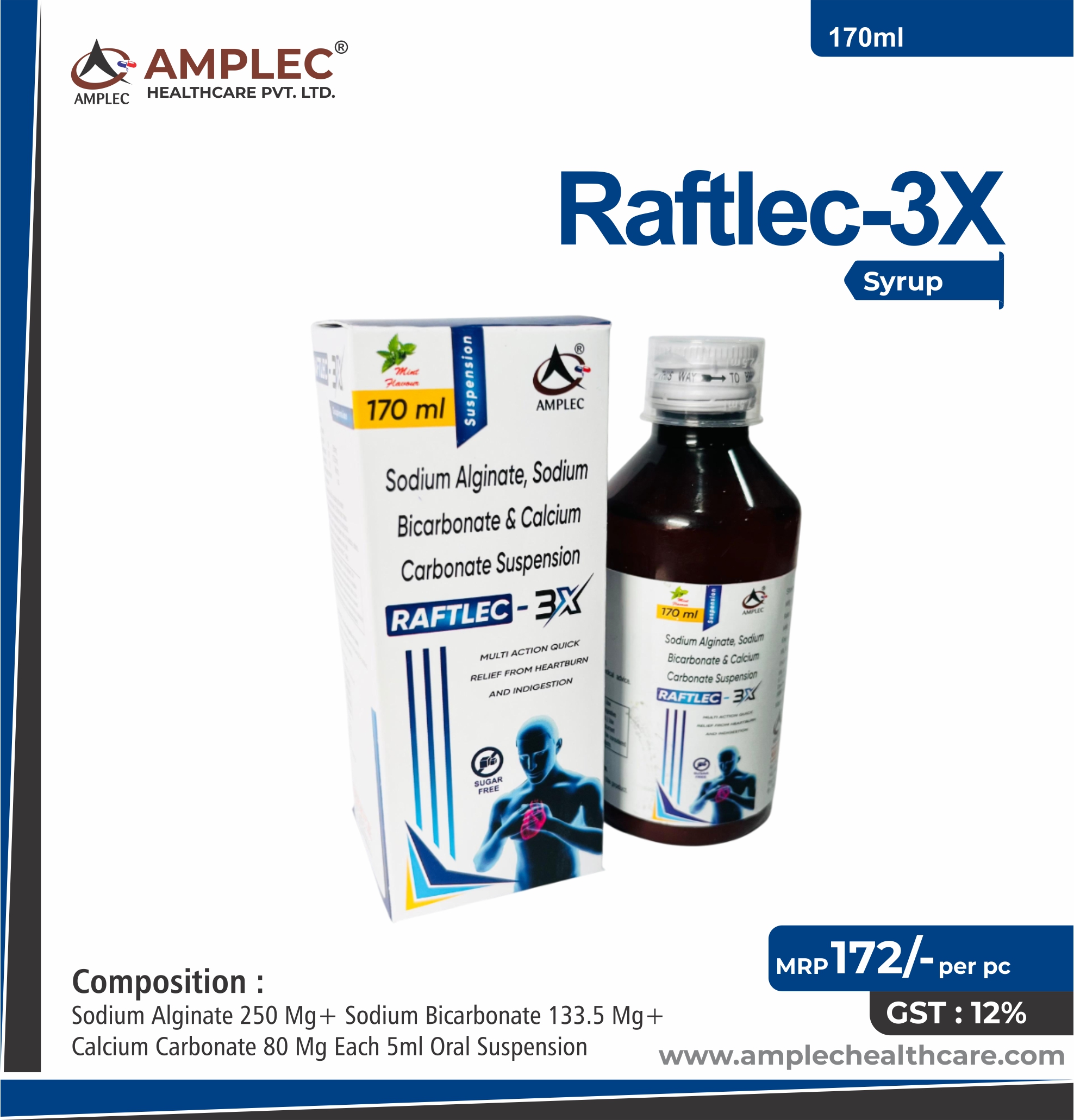 RAFTLEC 3X - formulated with Sodium Alginate 250 mg + Sodium Bicarbonate 133.5 mg +Calcium Carbonate 80 mg each 5 ml Oral Suspension | Provided by Amplec Healthcare