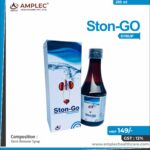 STON-GO – Stone Remover :- Pashan Bhed (Berginia Ligulata)  400 mg + Ikshu (mool) (Sacchrum Officinarum ) 200 mg + Punarnava ( Boerhaavia Diffusa) 200 mg + Varun Chaal (Crataeva Nurvaia) 300 mg + Gokshura (Tribulus Terrestris) 200 mg + Bhuiamala (Phyllanthus Niruri) 200 mg + Kllath (Dolichos Biflorus) 400 mg + Mooli Beej 400 mg + Kheera Beej( Cucusmis Satvius ) 200 mg + Hazaral Yahud Bhasam 20 mg + Yavakshaar Alkali 20 mg Syurp  | Amplec Healthcare