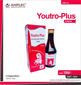 YOUTRO PLUS – Uterine Tonic :- ashok chhal (saraca asoca ) 500 mg + ashwagandha (withania somnifera ) 200 mg + shatavari (asparagus racemosus ) 200 + lodhra ( symplocos ) 150 mg + dashmool ( dashamoola ) 250 mg + manjistha ( rubia cordifolia ) 100 mg + vasa (justicia adhatoda ) 50 mg + guduchi (tinospora cordifolia ) 50 mg + gokhru (tribulus terrestris ) 50 mg + pippali (piper longum )45 mg + chitrakmool (plumbago indica ) 45 mg + supari (areca catechu ) 100 mg + jivanti (leptadenia reticulata ) 35 mg + mochras (salmalia malabarica ) 25 mg + chirata (swertia chirayita )20 mg + babool (vachellia nilotica ) 50 mg+ arjuna chaal (terminalia arjuna ) 50 mg Syrup | Amplec Healthcare